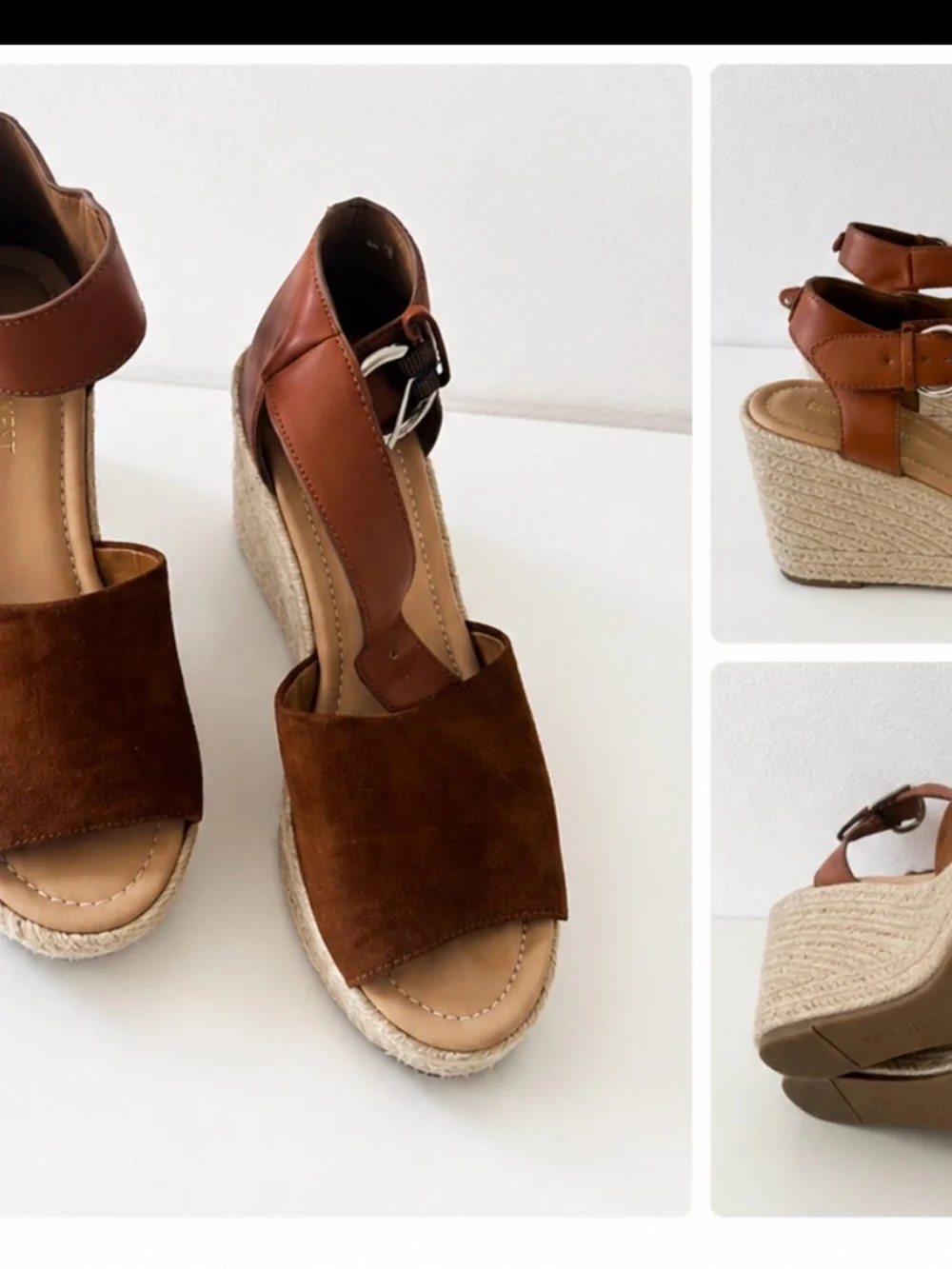 Nine West Brown Suede and Leather Espadrille Wedge Sandals